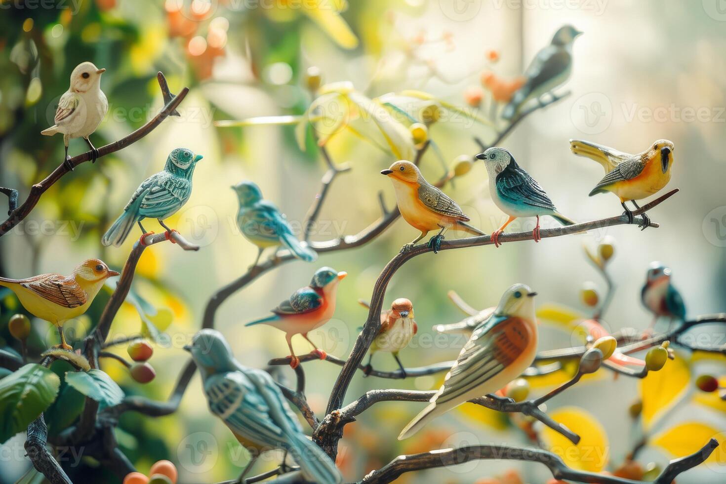 Colorful birds perched on branches in a tree displaying their vibrant colors photo