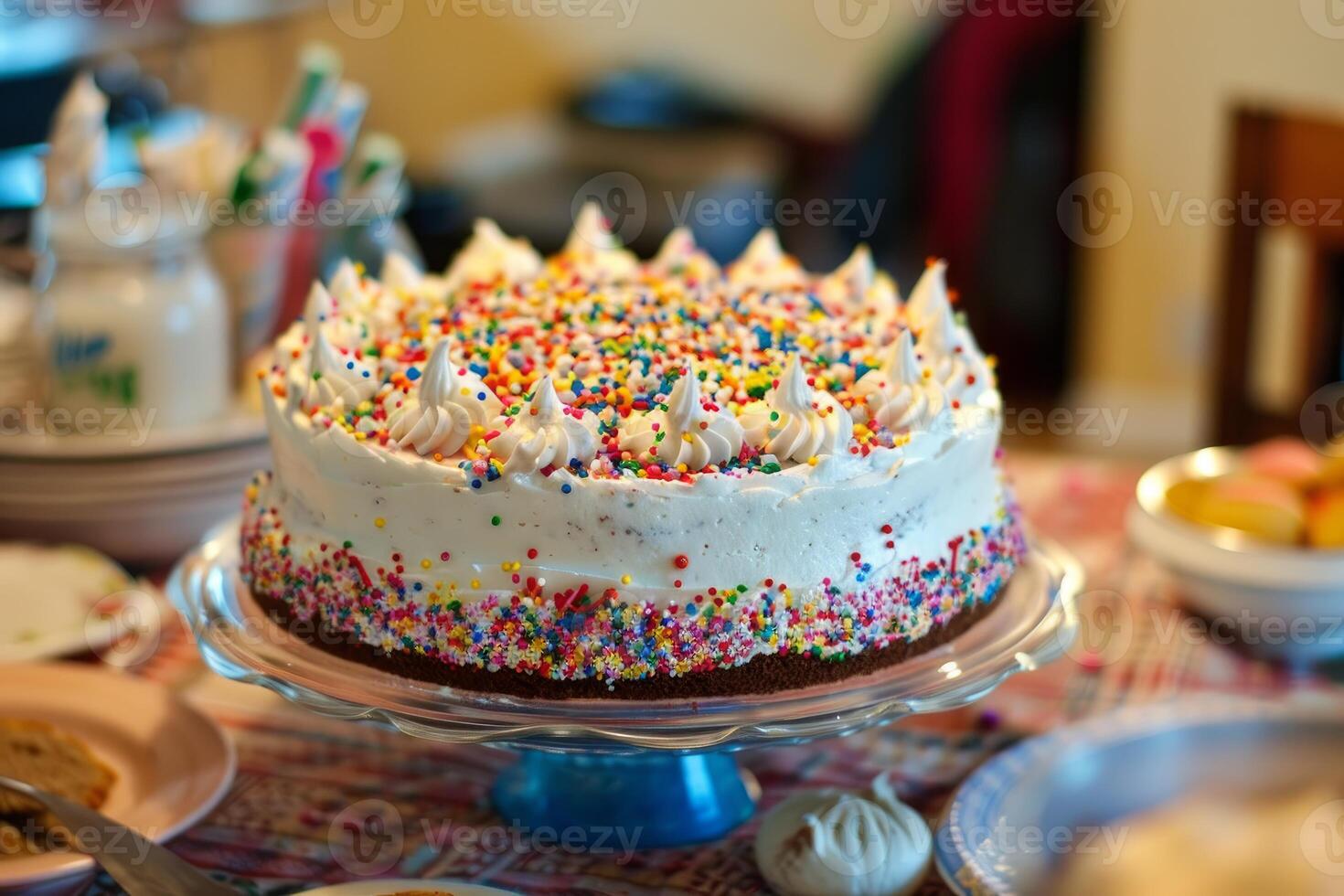 Delicious colorful birthday cake with sprinkles and whipped cream on a table photo