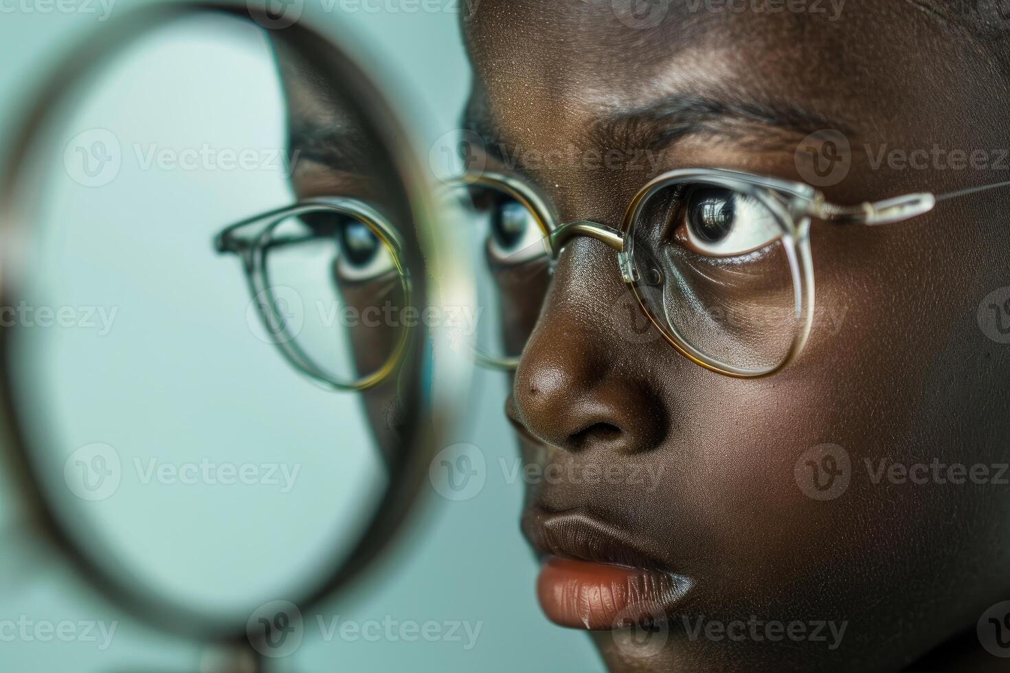 Young boy wearing round glasses looking intently at reflection in a mirror photo