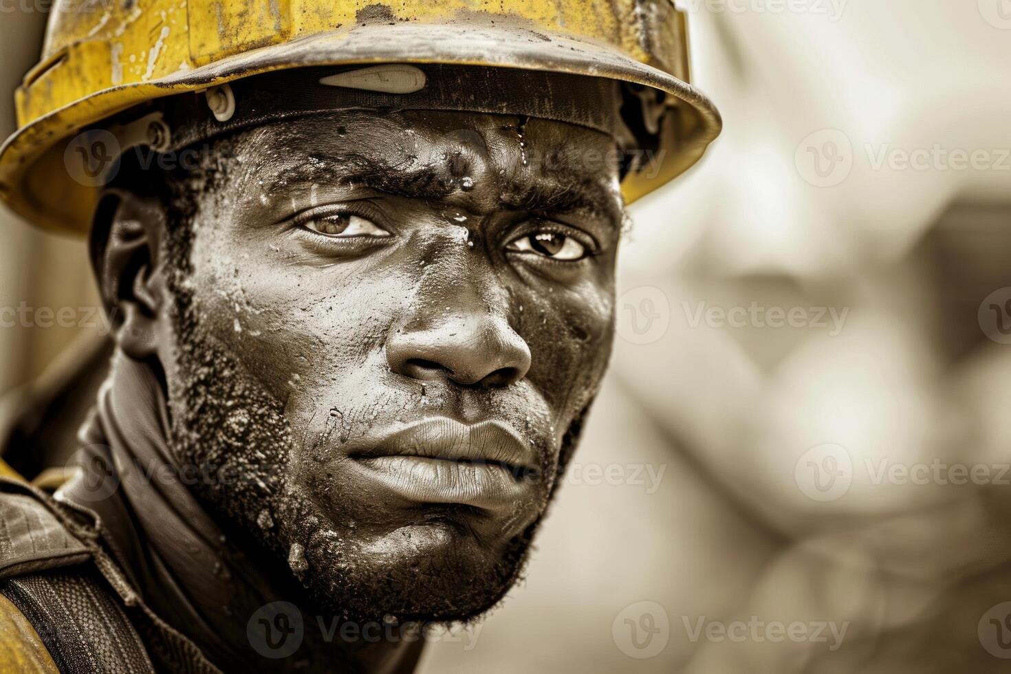 Close up of a construction worker with sweat dripping down his face photo