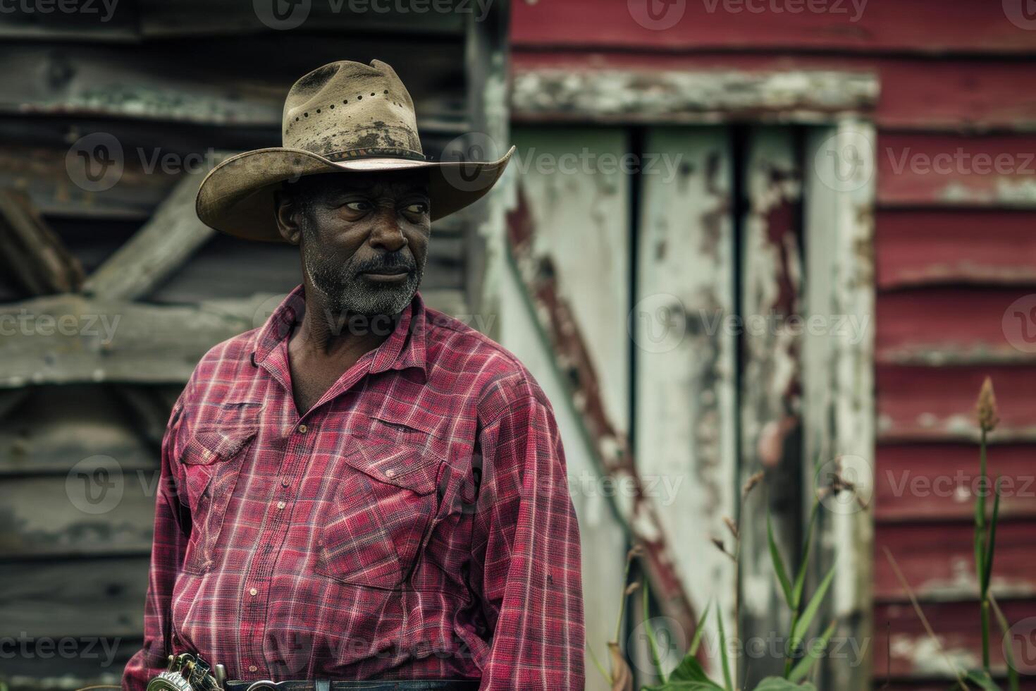 Weathered black farmer standing in front of a red barn photo