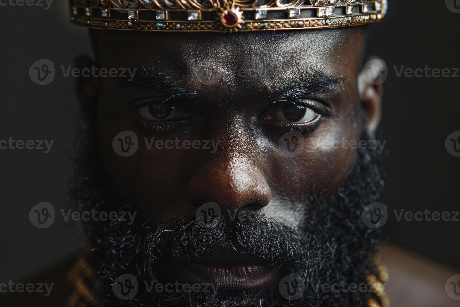 Serious black king with crown looking at camera close up portrait photo