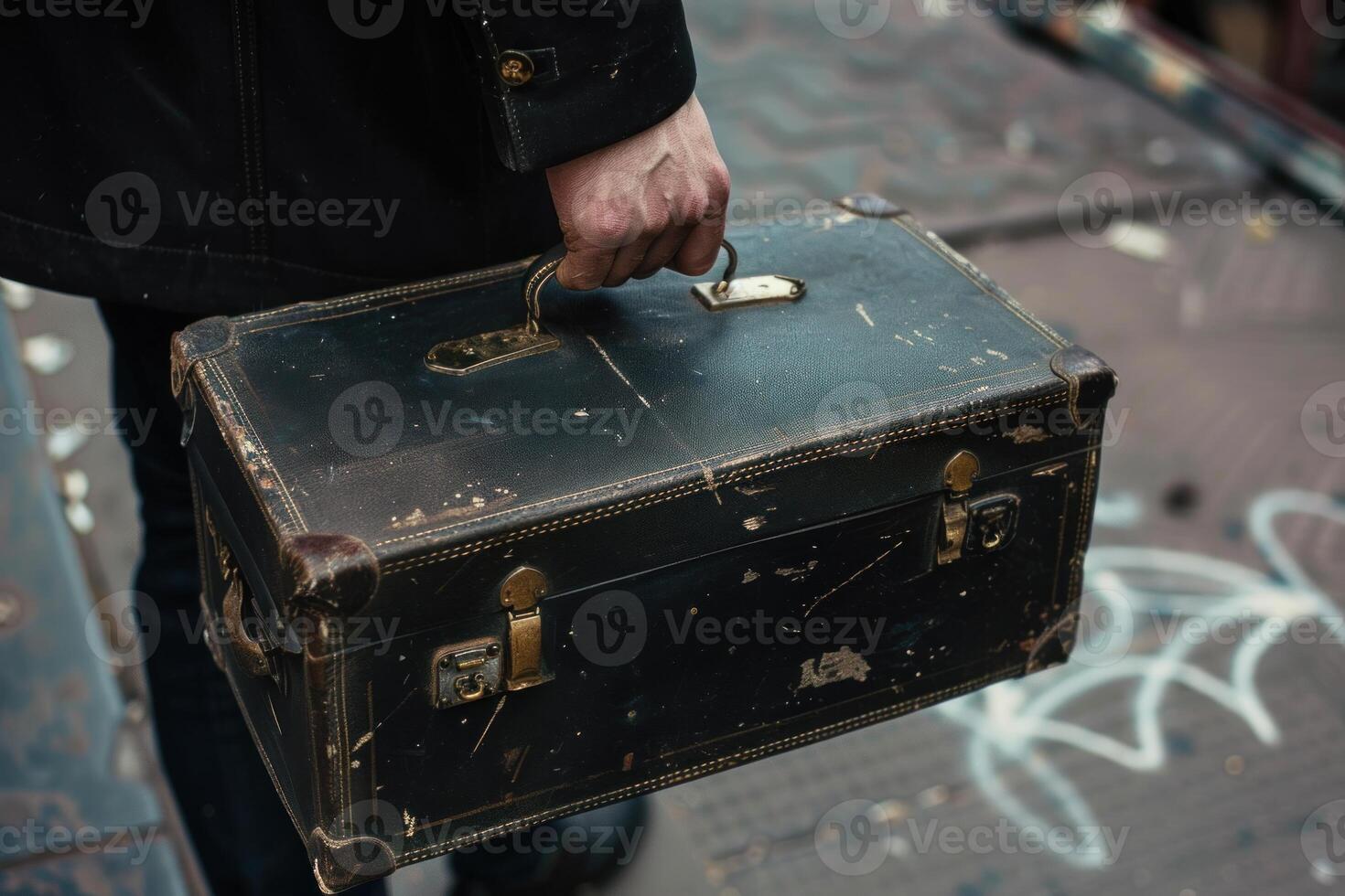 Musician holding a vintage black leather suitcase outdoors photo