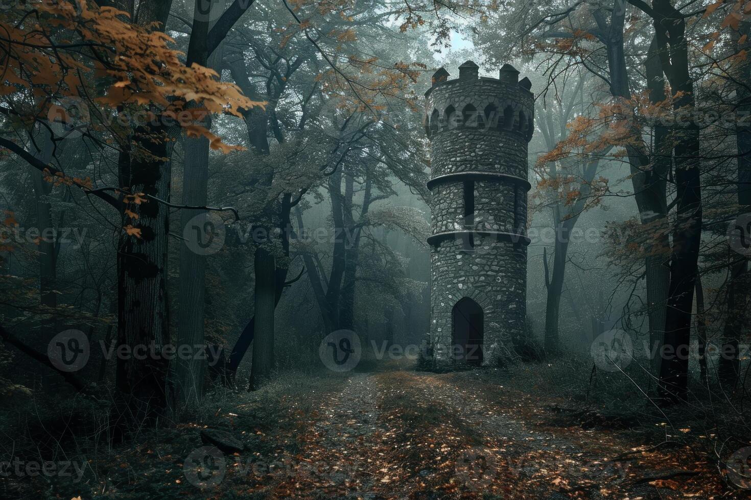 Stone tower standing in foggy forest with dirt road leading through autumn trees photo