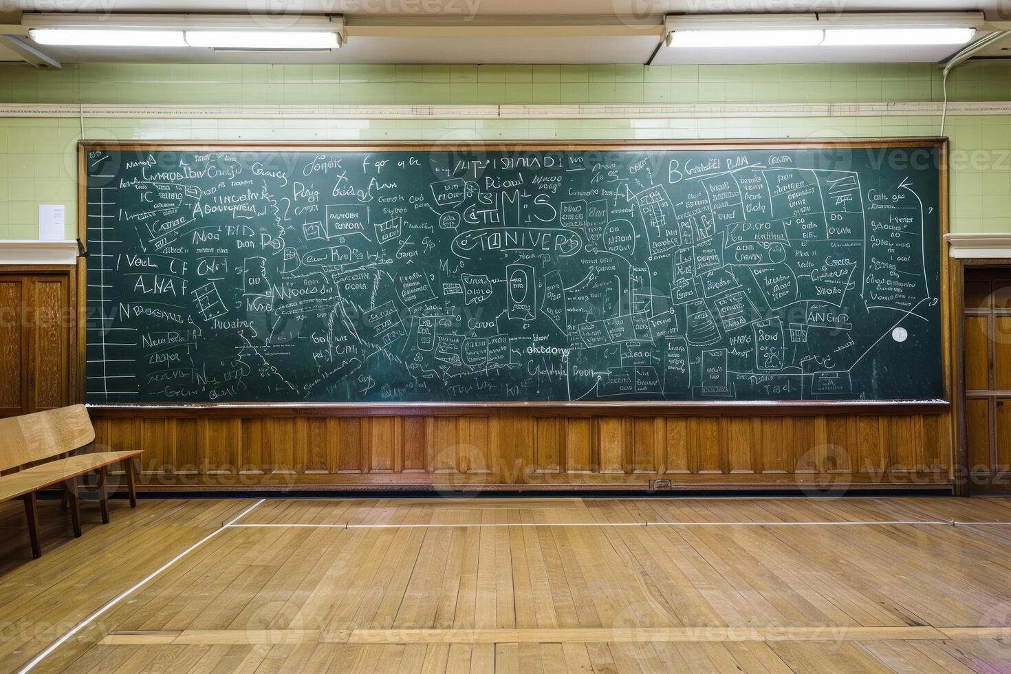 Empty classroom with chalkboard covered in writing photo
