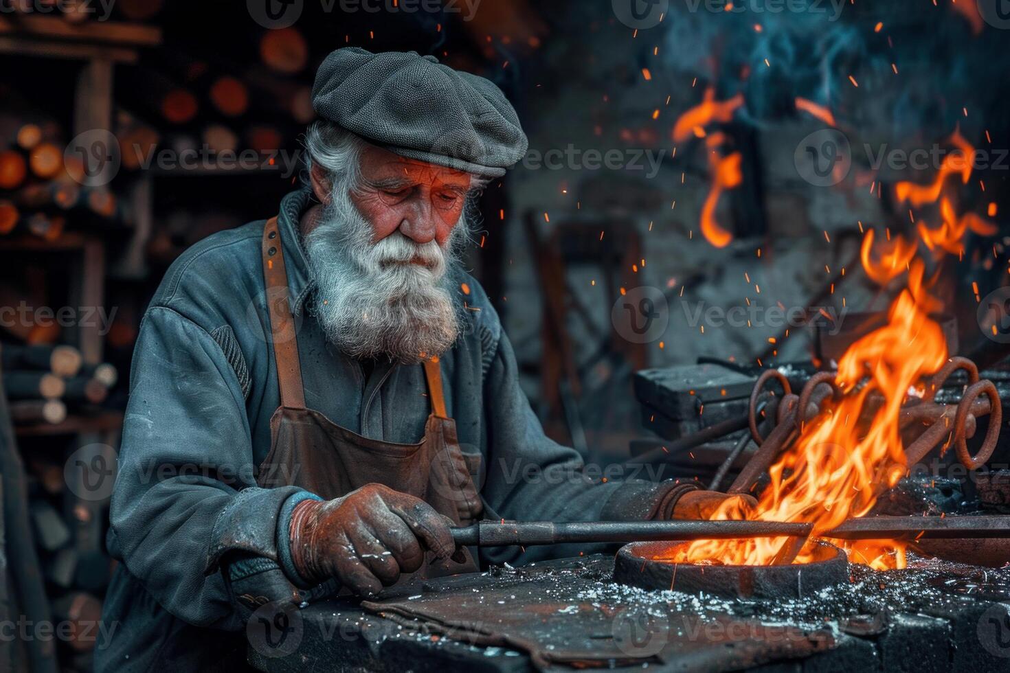 Senior blacksmith shaping metal in workshop with open fire photo