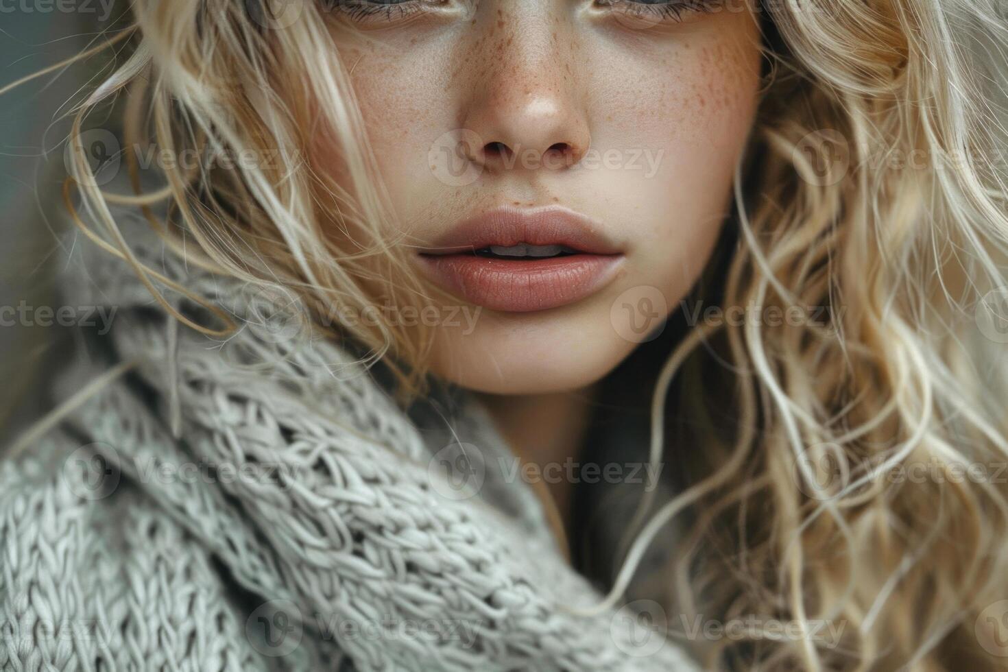 Close up of young woman with freckles wearing knitwear photo