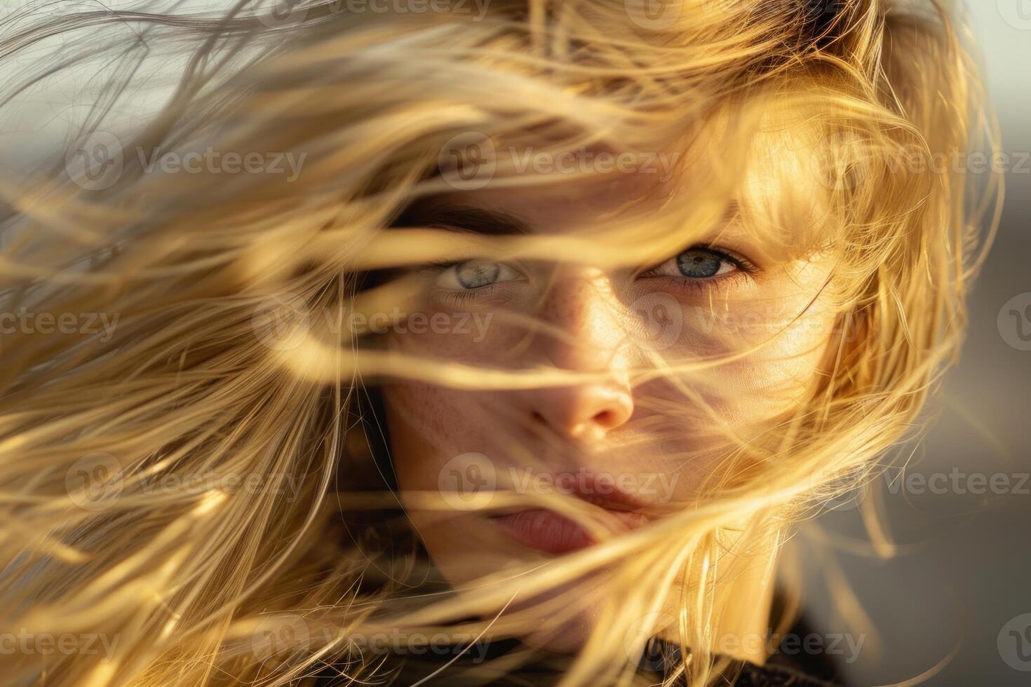 Blonde woman with blue eyes standing in the wind photo