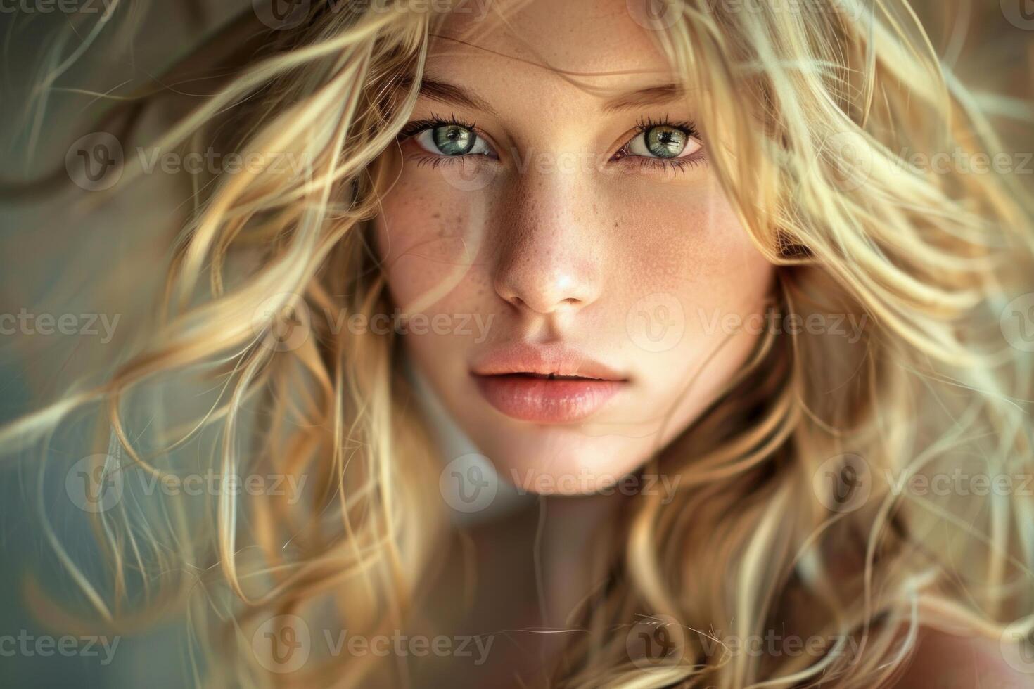 Beautiful blond woman posing with long healthy hair photo
