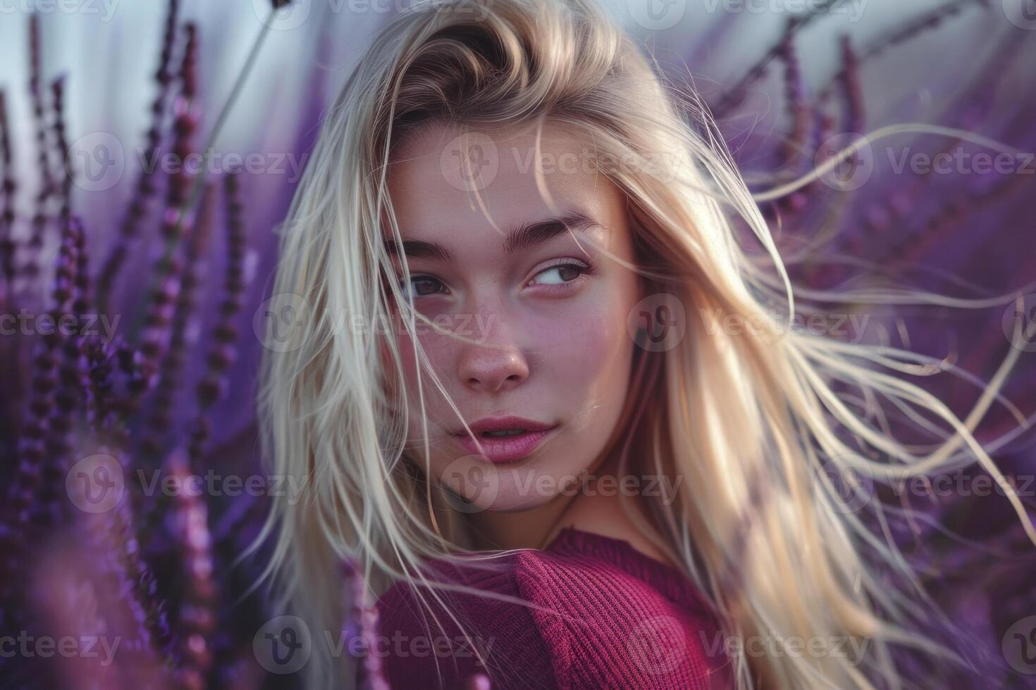 Beautiful blond woman posing in a purple flower field photo