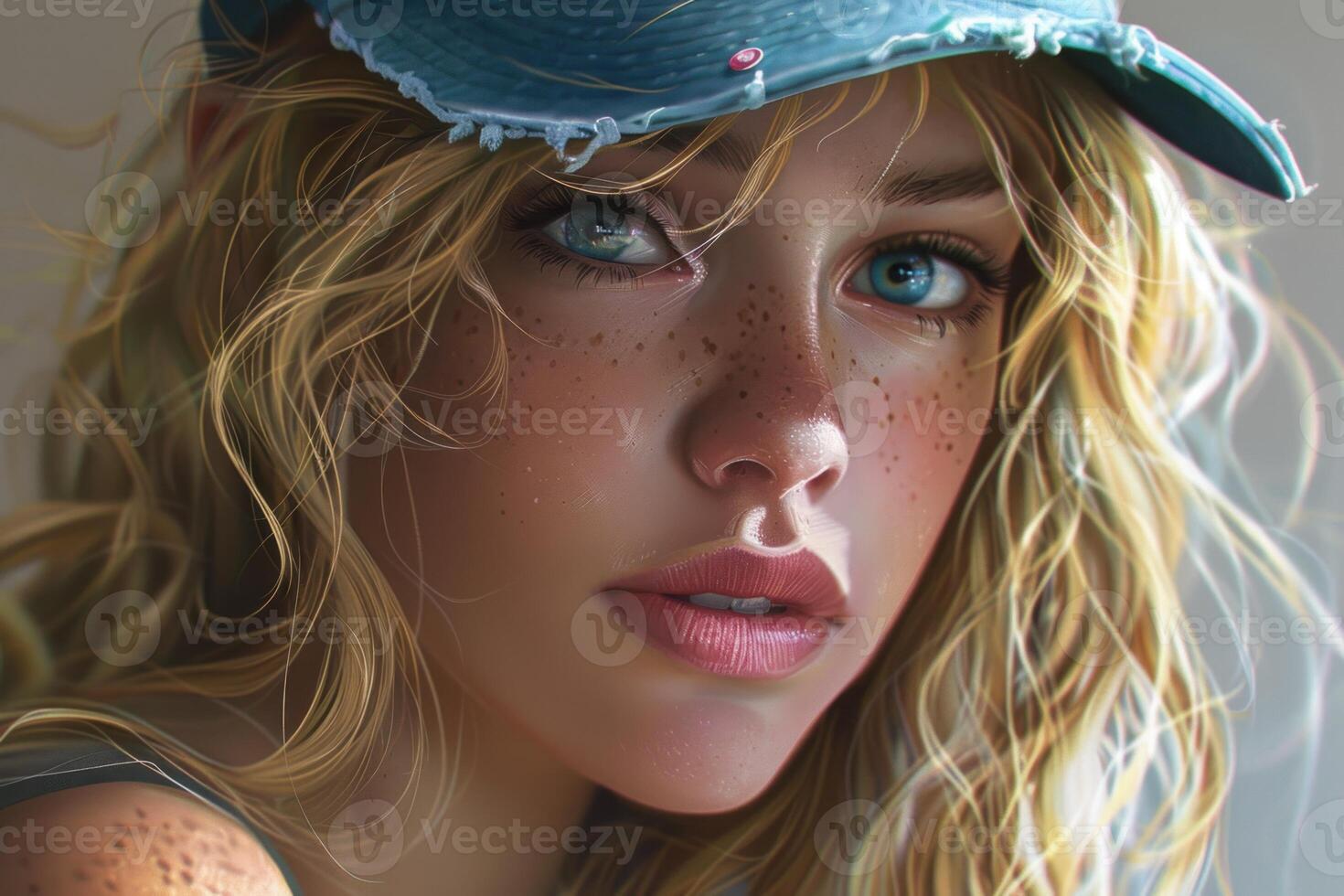 Beautiful blonde girl with blue eyes and freckles wearing a blue cap is posing photo