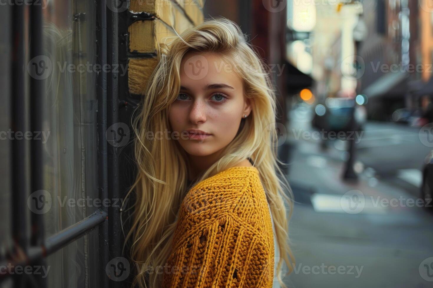 Beautiful blonde teenage girl posing on a busy city street photo