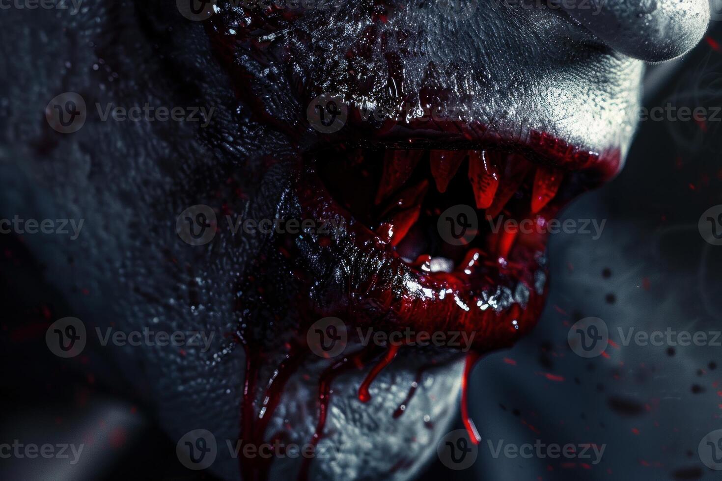 Scary vampire face showing sharp teeth with blood dripping photo