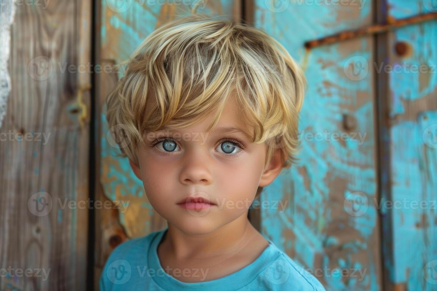 Young boy with blond hair and blue eyes posing in front of a blue door photo