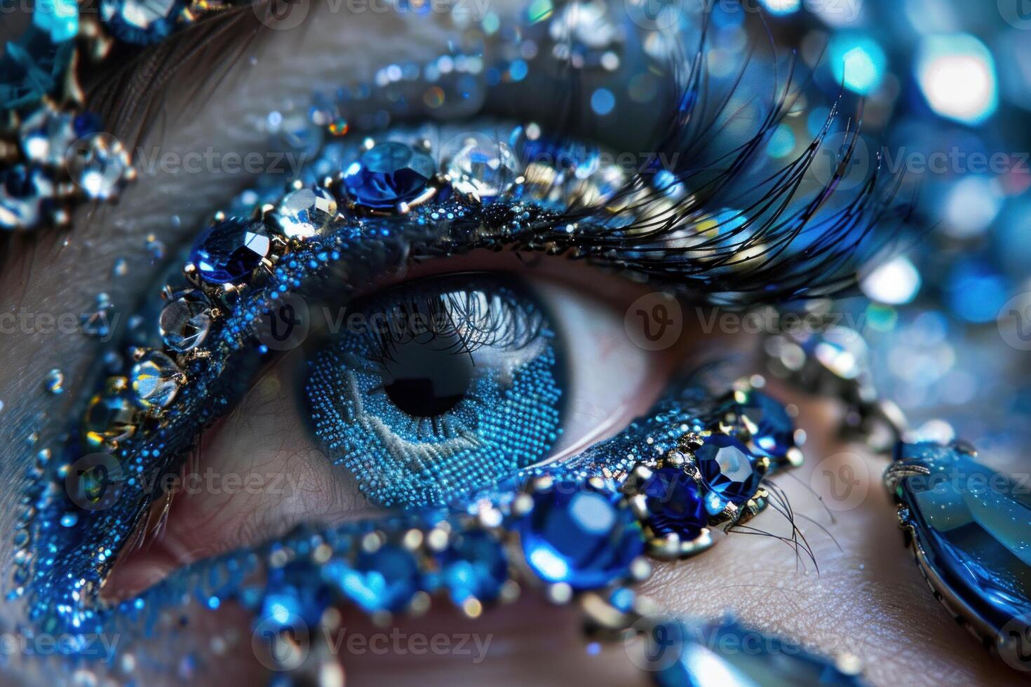 Woman eye with blue creative make up and rhinestones photo