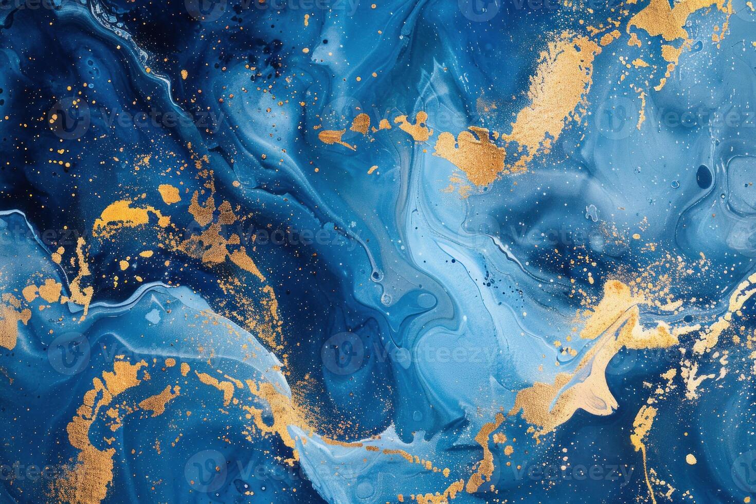 Abstract liquid marble background with wavy gold veins flowing on blue photo
