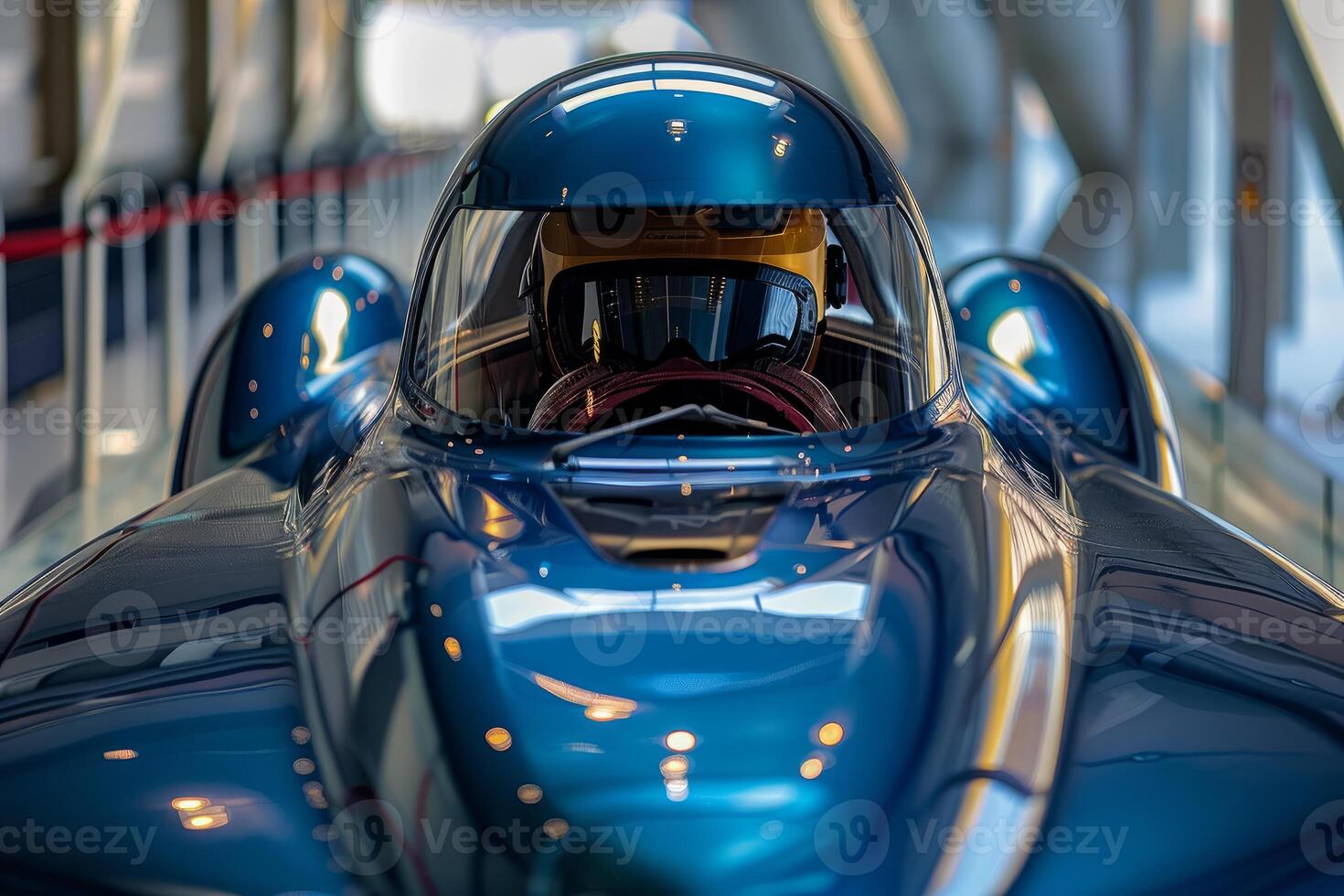 Race car driver wearing helmet sitting in car waiting for start of race photo