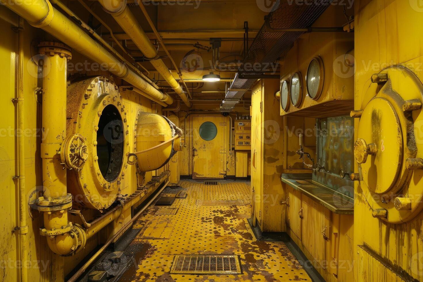 Yellow engine room showing pipes and valves on ship photo