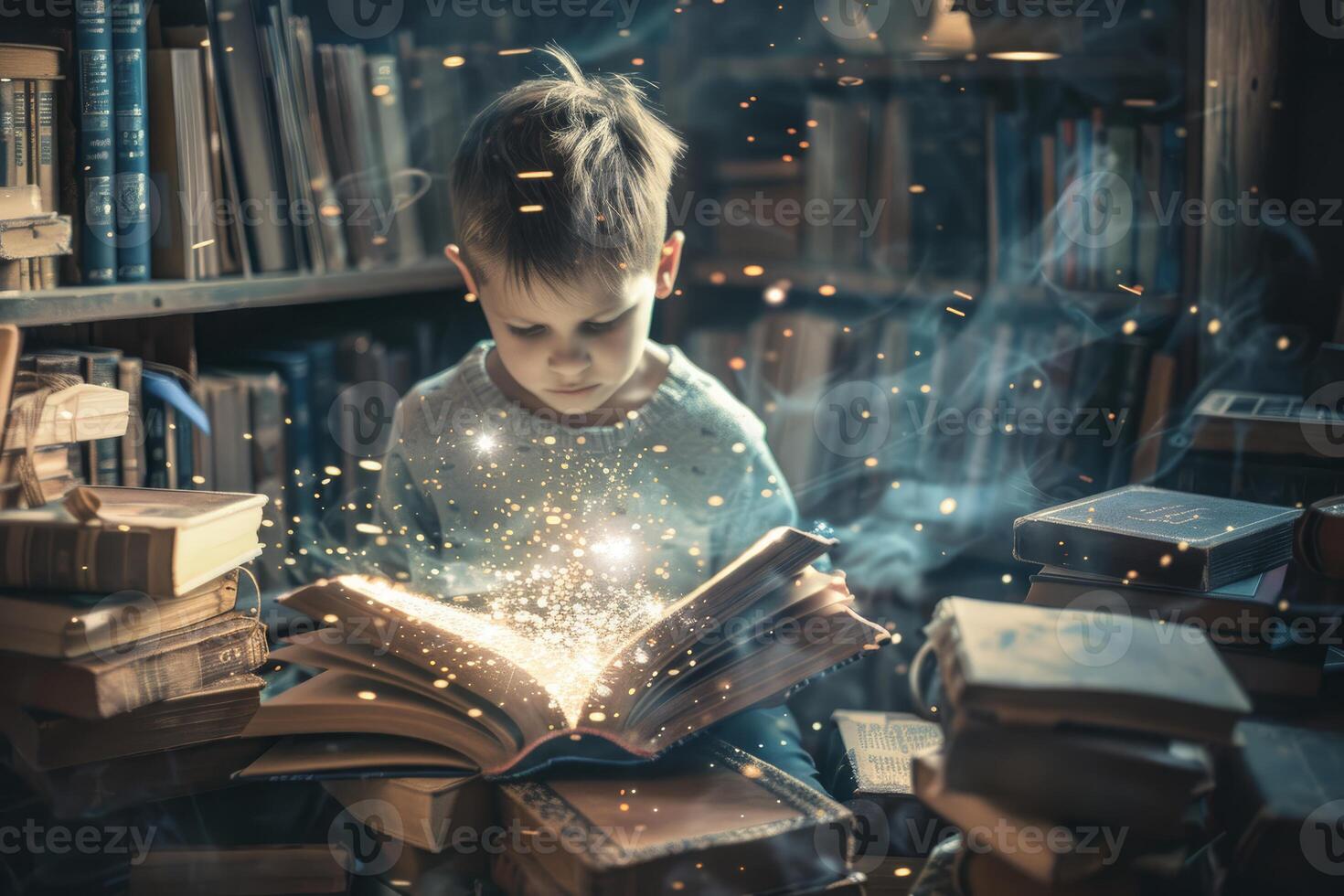 Curious boy finding magic while reading fairytale in library photo
