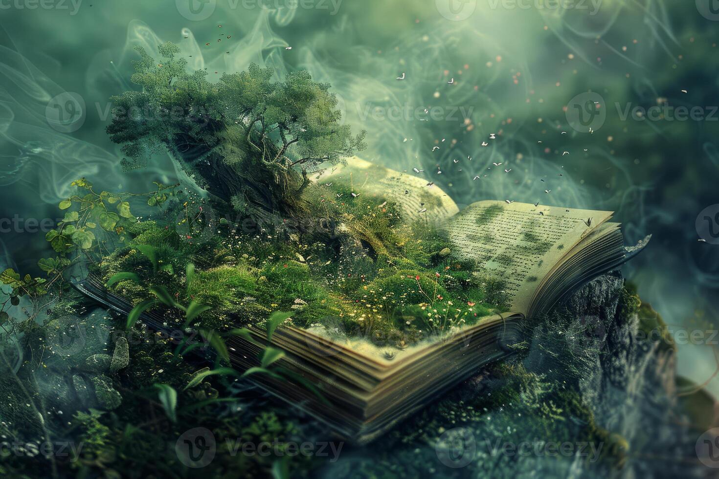 Open book creating fantasy world with growing tree and flying birds photo