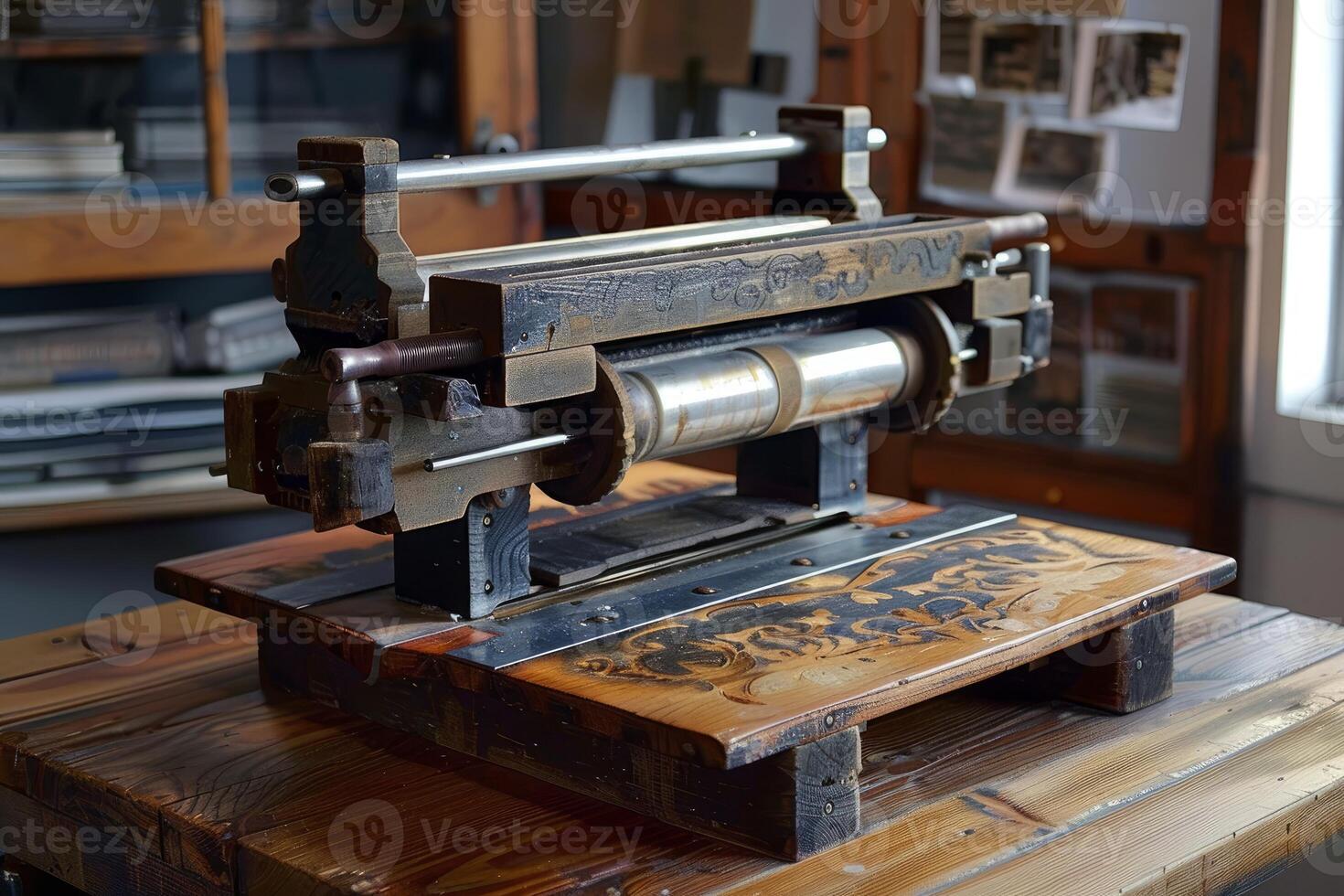 Antique printing press standing on wooden table in workshop photo