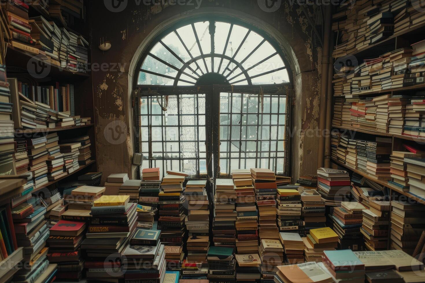 Old library interior showing bookshelves full of books and large window photo