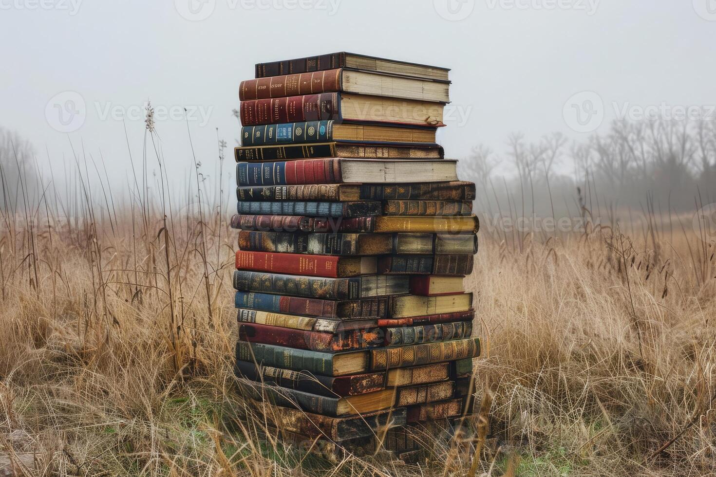 Stack of old books standing in a field on a foggy day photo