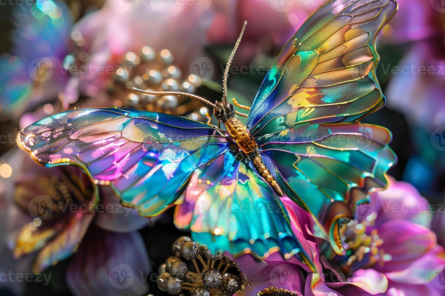 Iridescent morpho butterfly opening wings on flower arrangement photo