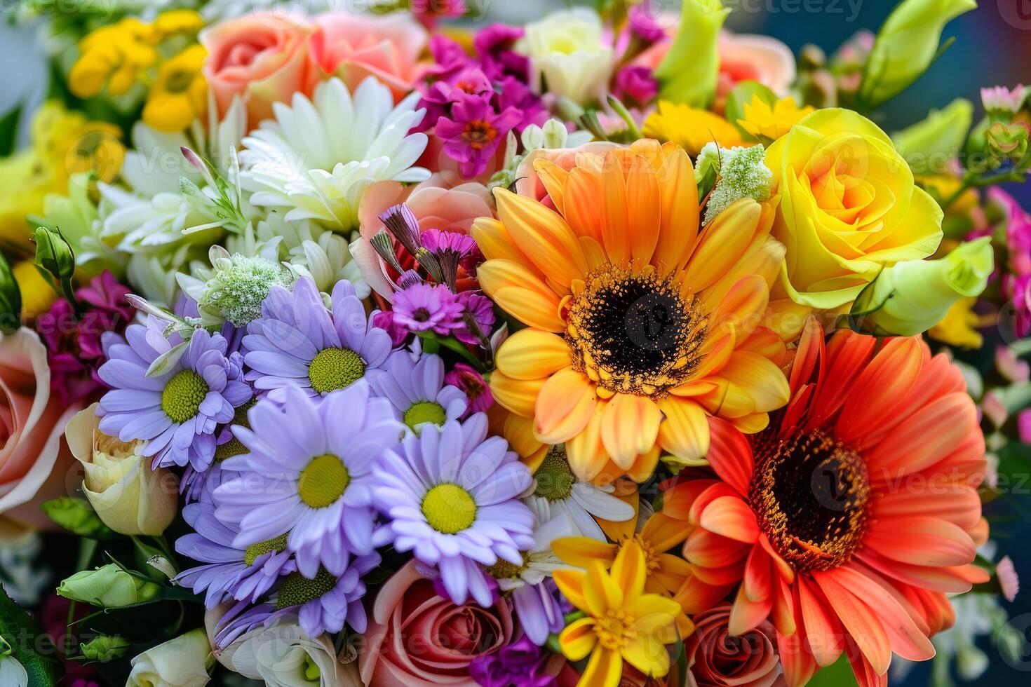 Colorful bouquet of flowers featuring gerbera daisies and roses in full bloom photo