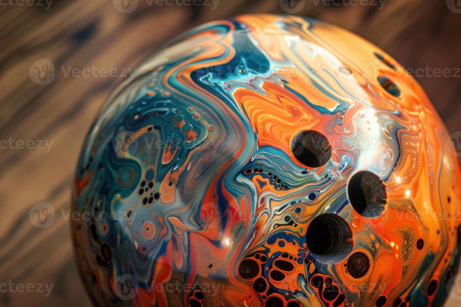 Colorful bowling ball resting on wooden lane awaiting player photo