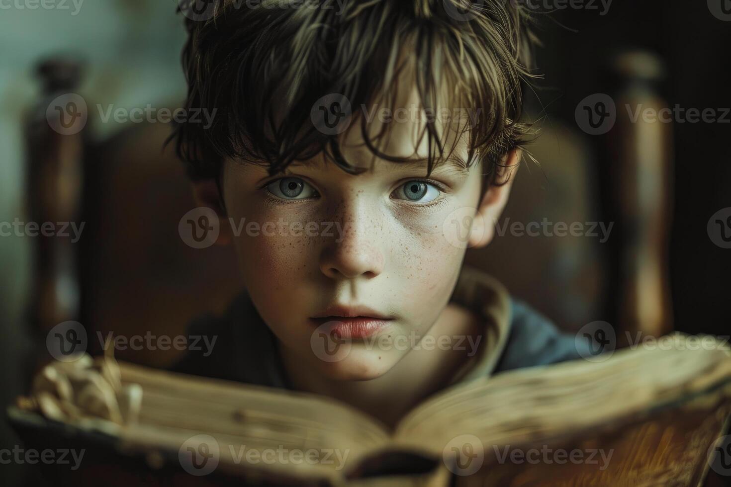 Young boy with an intense expression is holding an old book photo