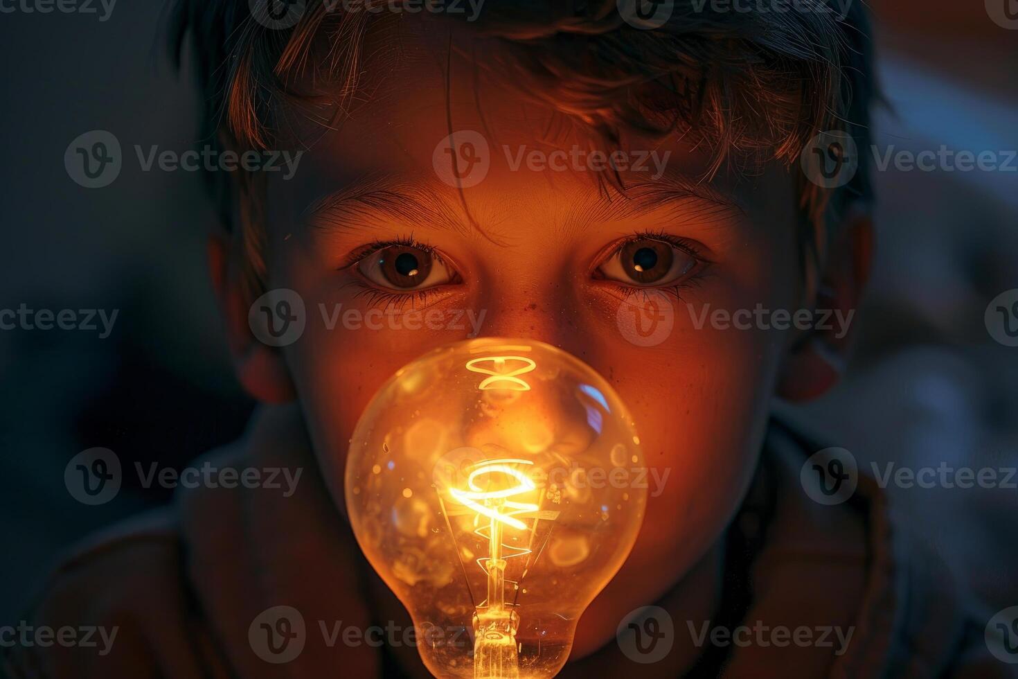 Curious boy holding a bright lightbulb in the dark photo