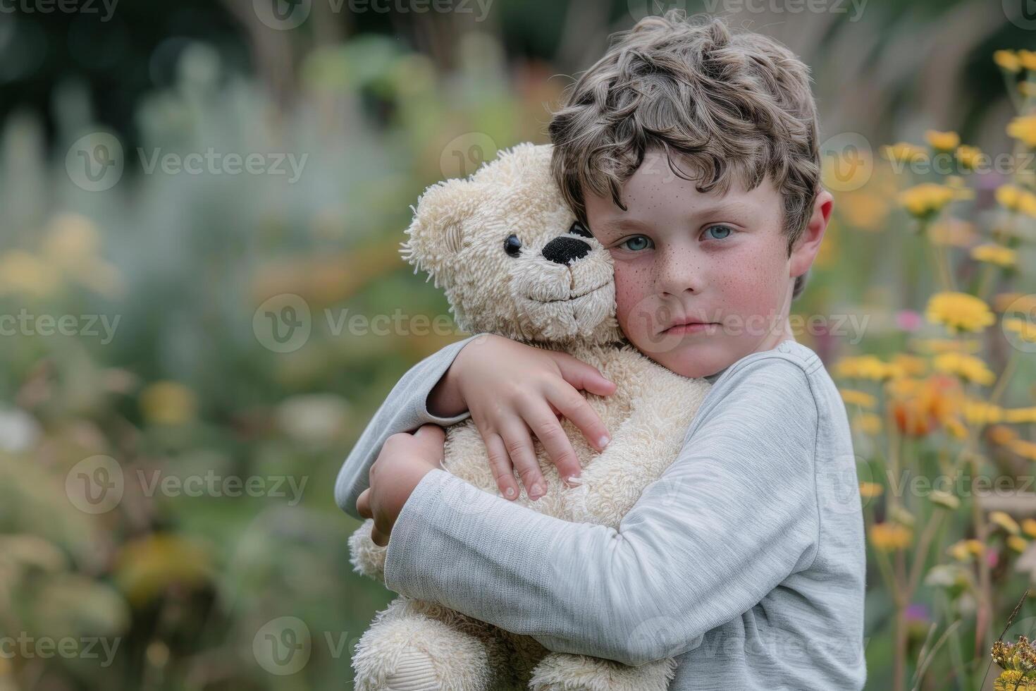 Sad child hugging teddy bear standing in a field of flowers photo