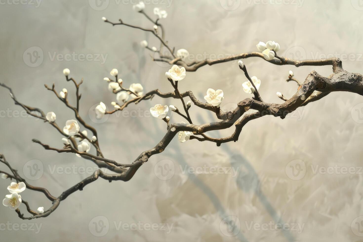 Delicate white flowers blooming on branch against textured background photo