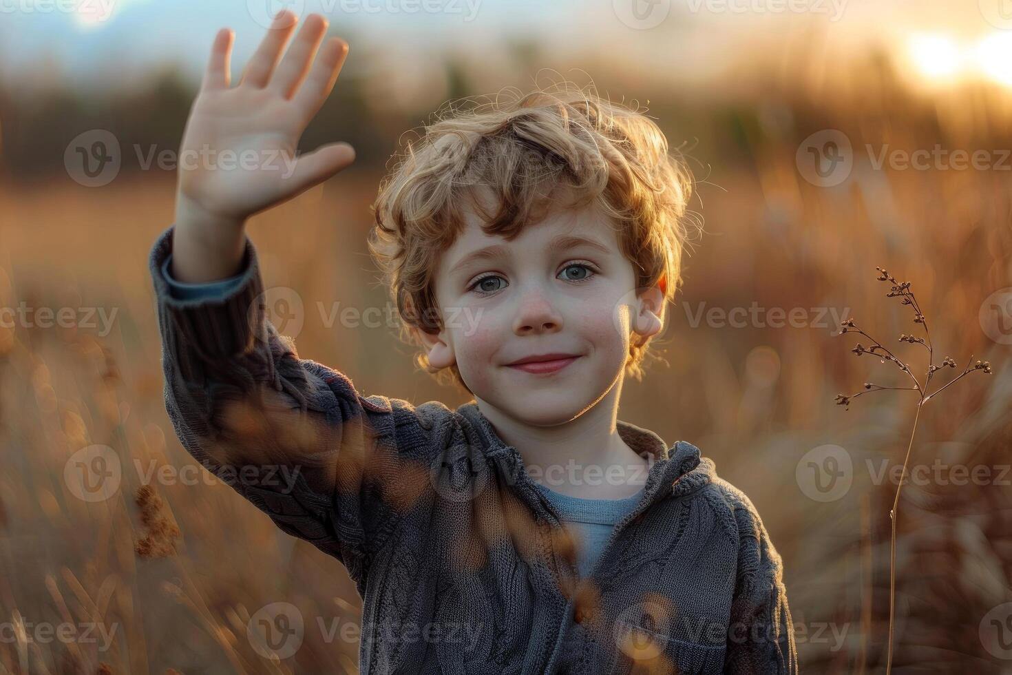 Young boy waving hello outdoors in a field at golden hour photo