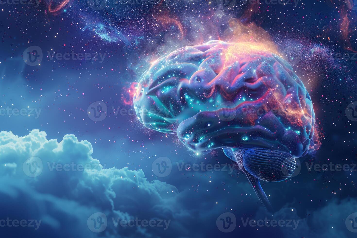 Human brain floating in space with clouds and bright stars shining photo