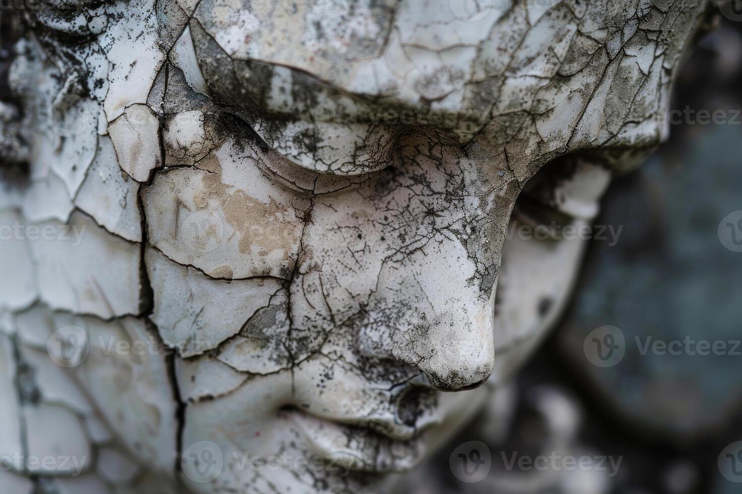 Close up of a weathered stone statue face with cracks photo