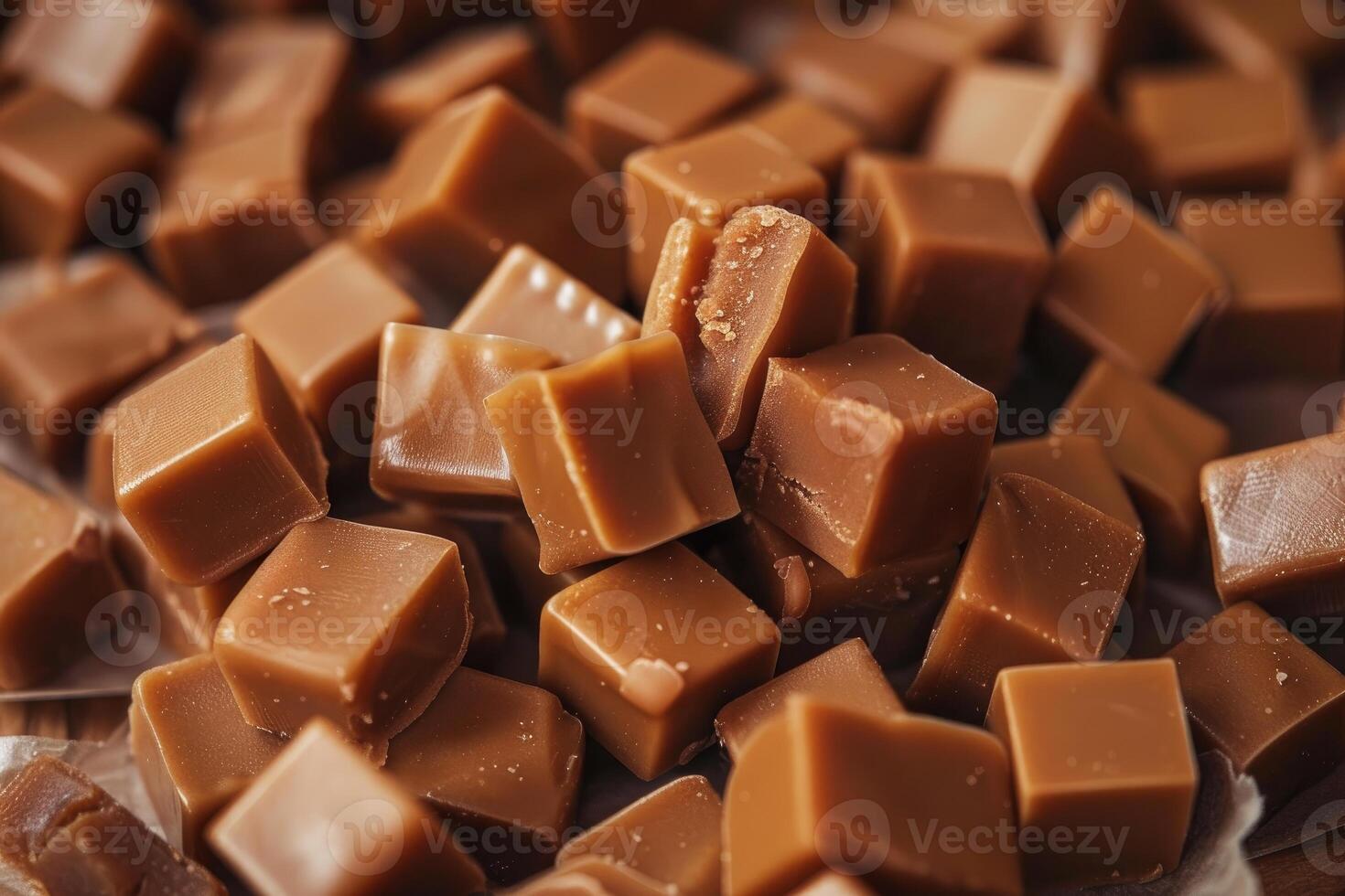 Delicious caramel candies piled up creating delicious composition photo