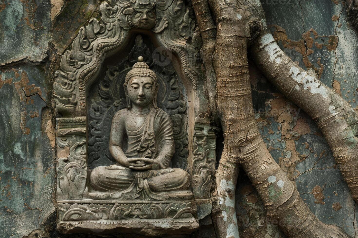 Tree roots growing around ancient stone buddha statue photo