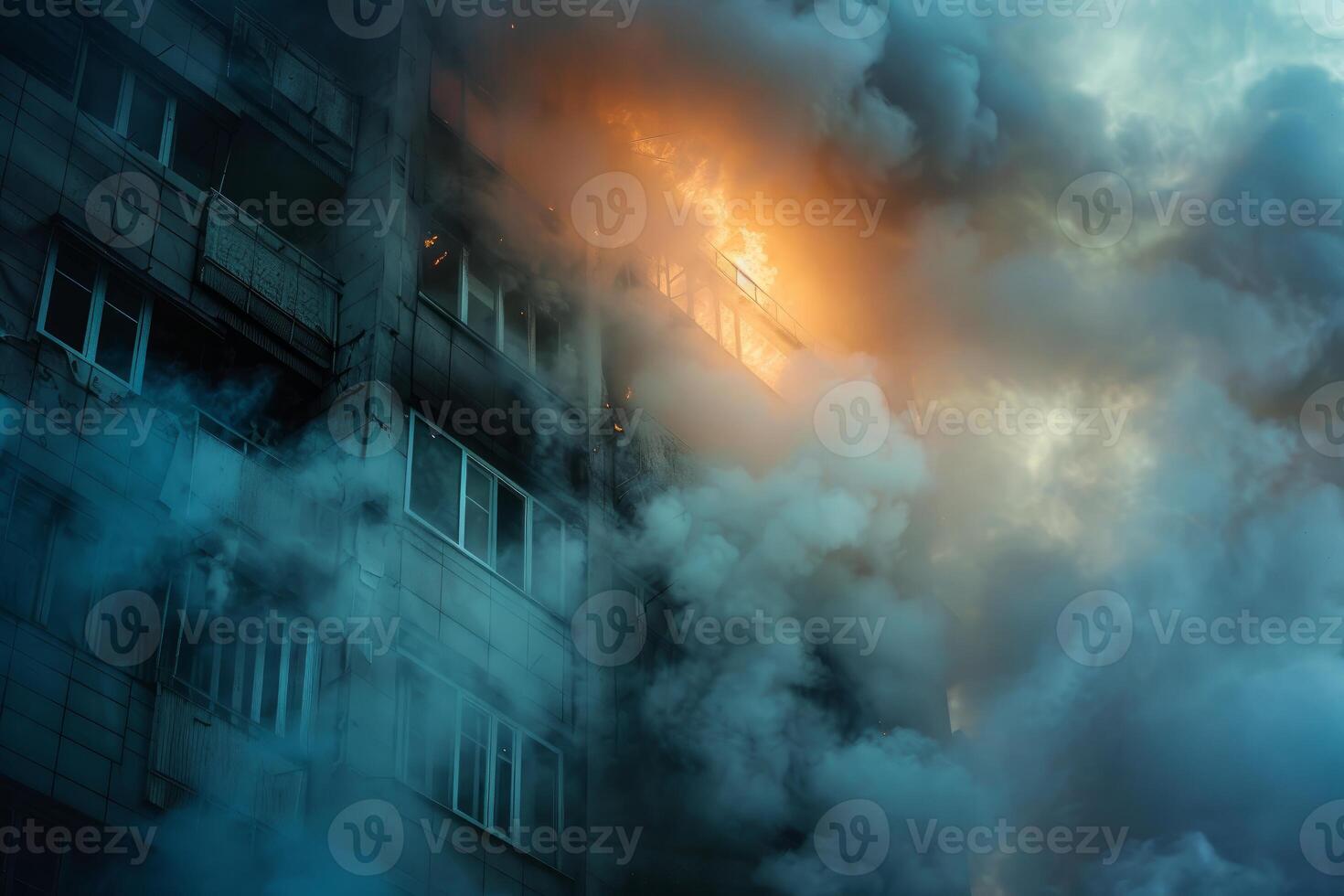 Fire engulfing apartment building, burning home, residential fire disaster photo