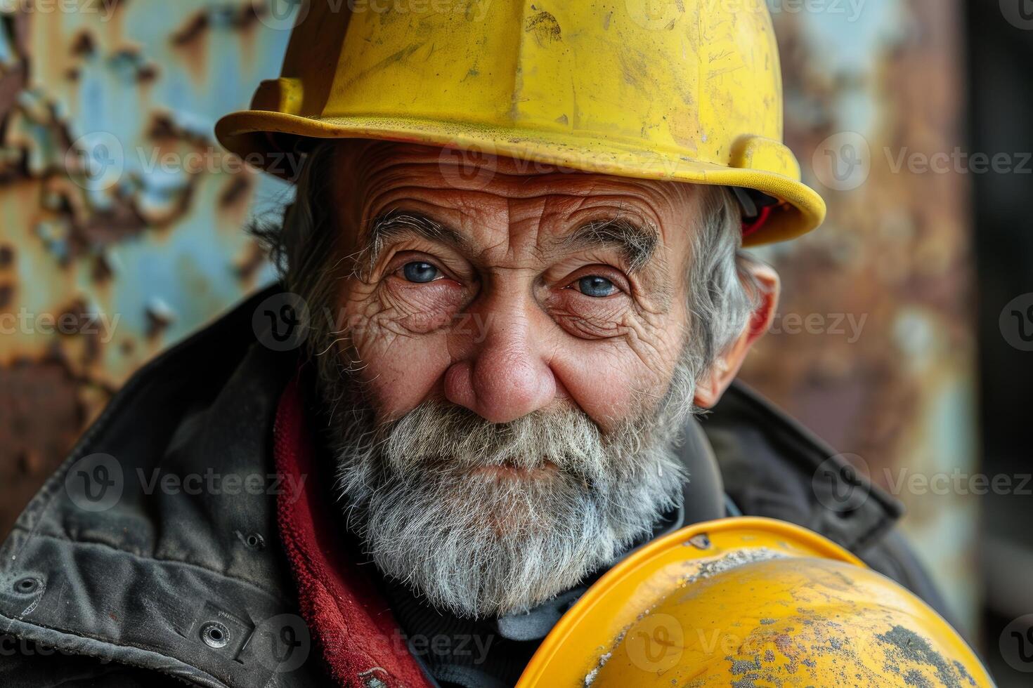 Senior construction worker wearing yellow hard hat smiling photo