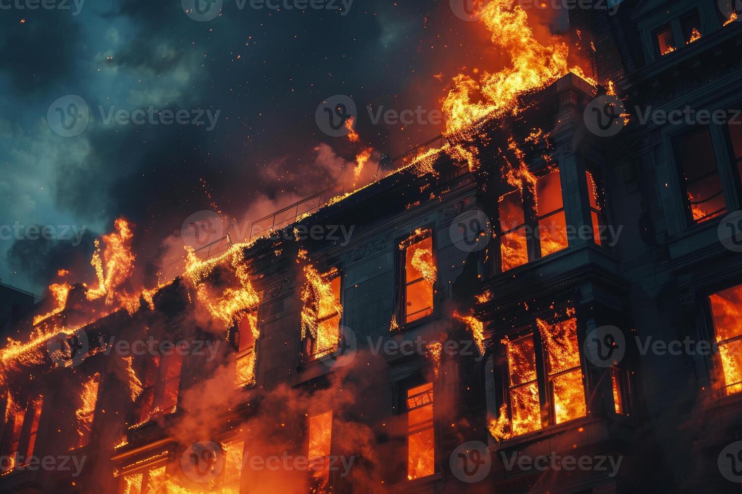Massive fire engulfing apartment building at night photo