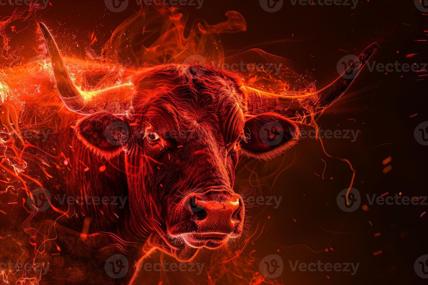 Red bull emerging from flames with intense stare photo