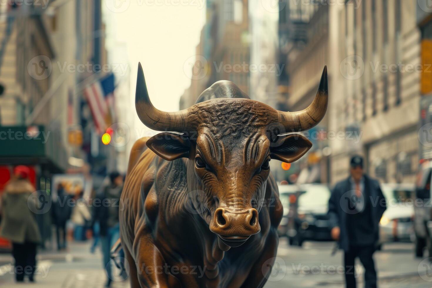 Bronze charging bull statue symbolizing financial optimism on wall street photo