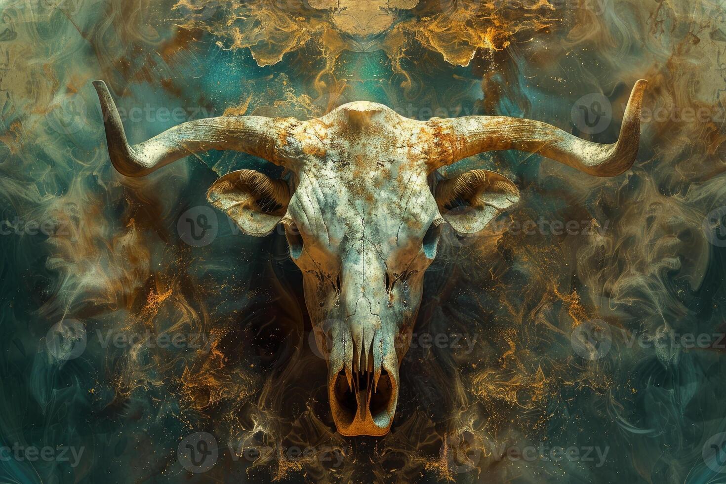 Bull skull floating on abstract golden green background photo
