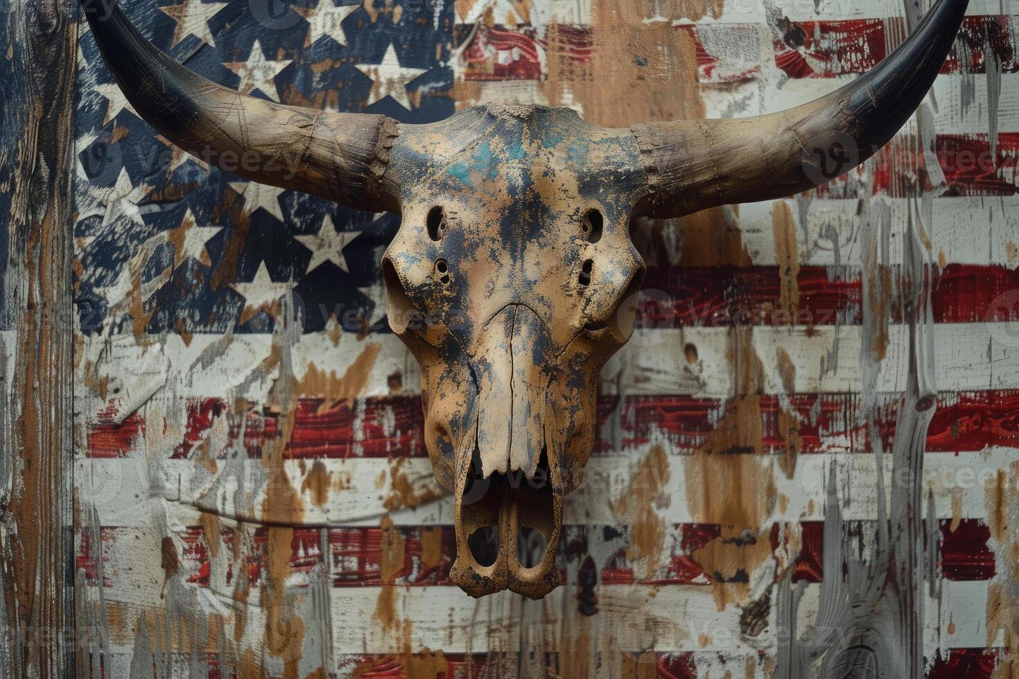 Weathered cow skull hanging on rustic american flag photo