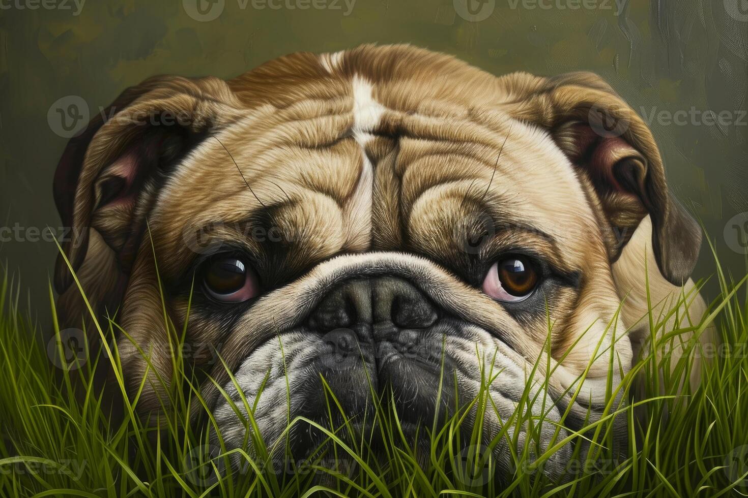 Bulldog relaxing in the grass with direct eye contact photo