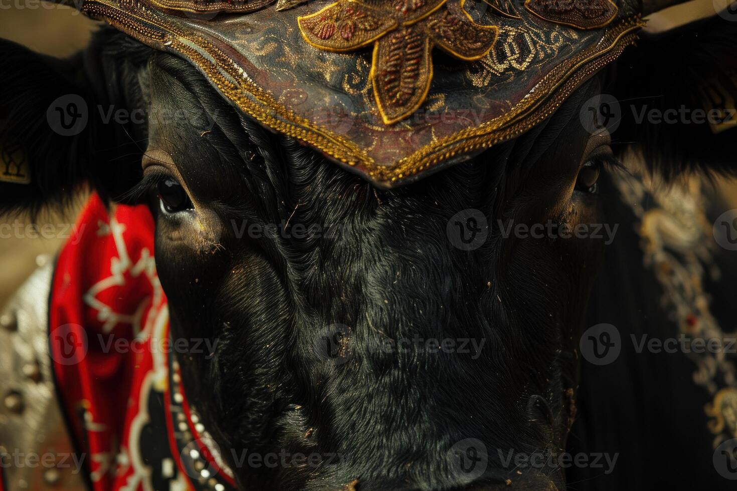 Black bull wearing traditional costume posing at festivities photo