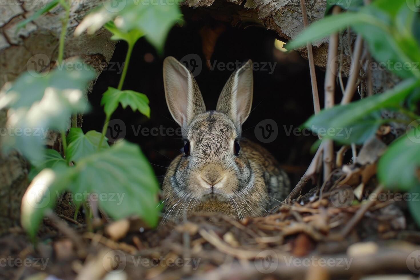 Wild rabbit hiding under tree roots and leaves photo