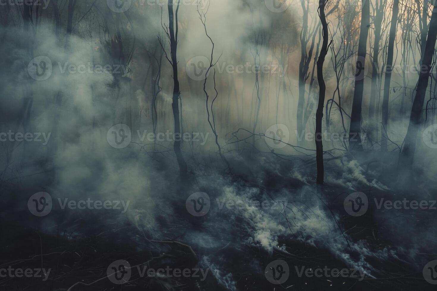 Smoke rising from the ashes of a forest fire photo